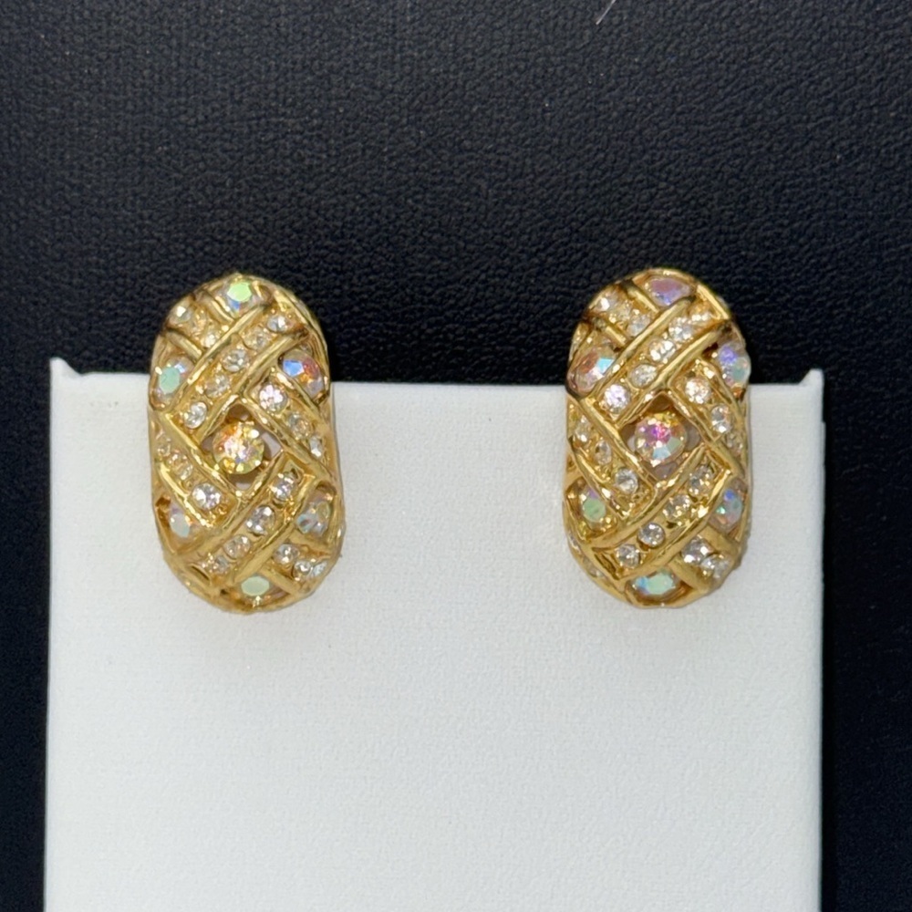 Beautiful gold tone basket weave aurora borealis rhinestone clip on earrings